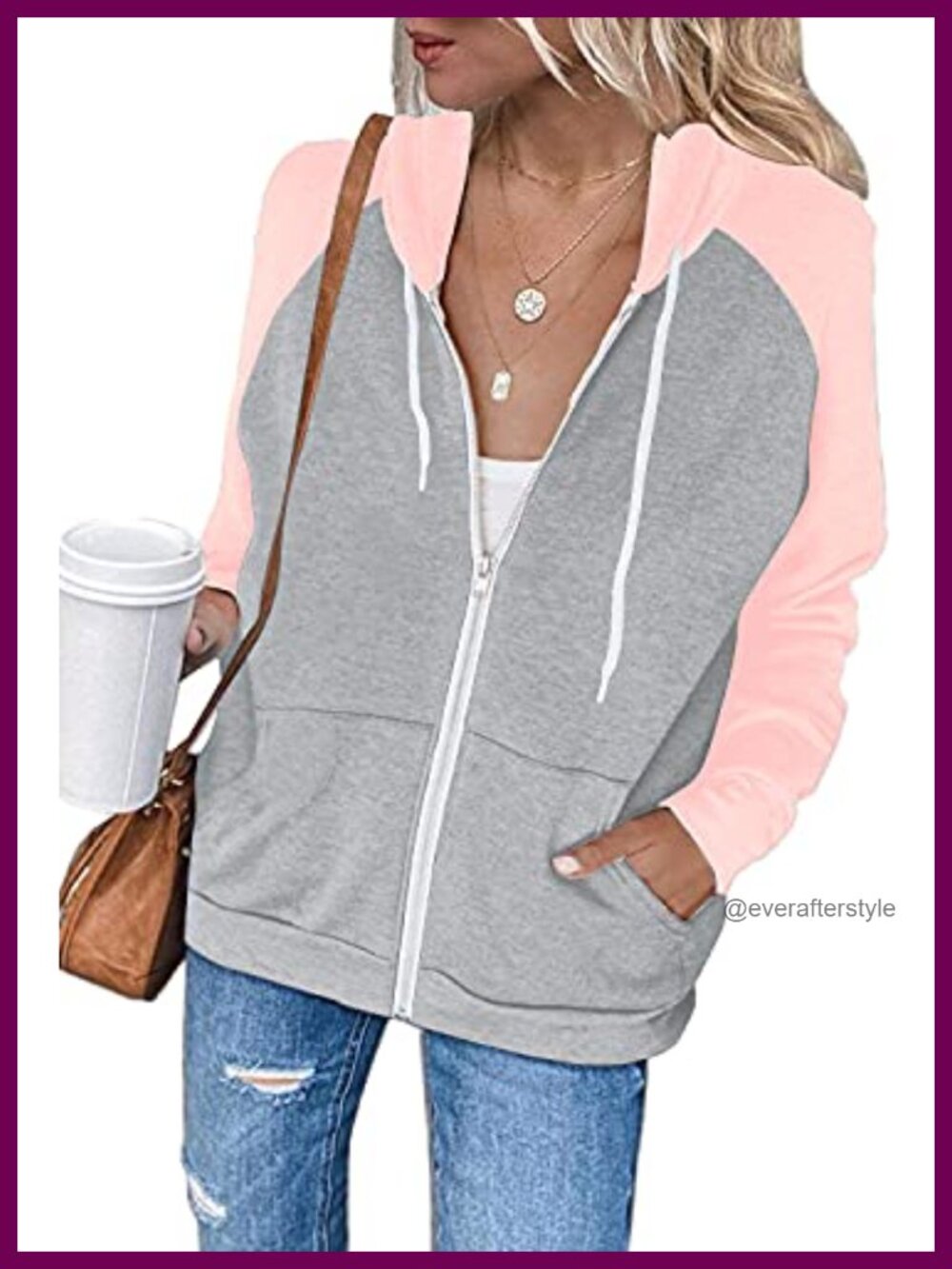Women's Color Block Zip Up Hooded Sweatshirt Lightweight Casual Jacket